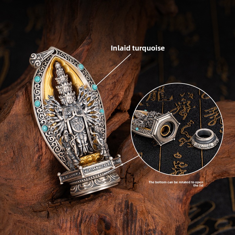 Tibetan Style Pure Silver Gold-Plated Thousand-Hand Guanyin Pendant