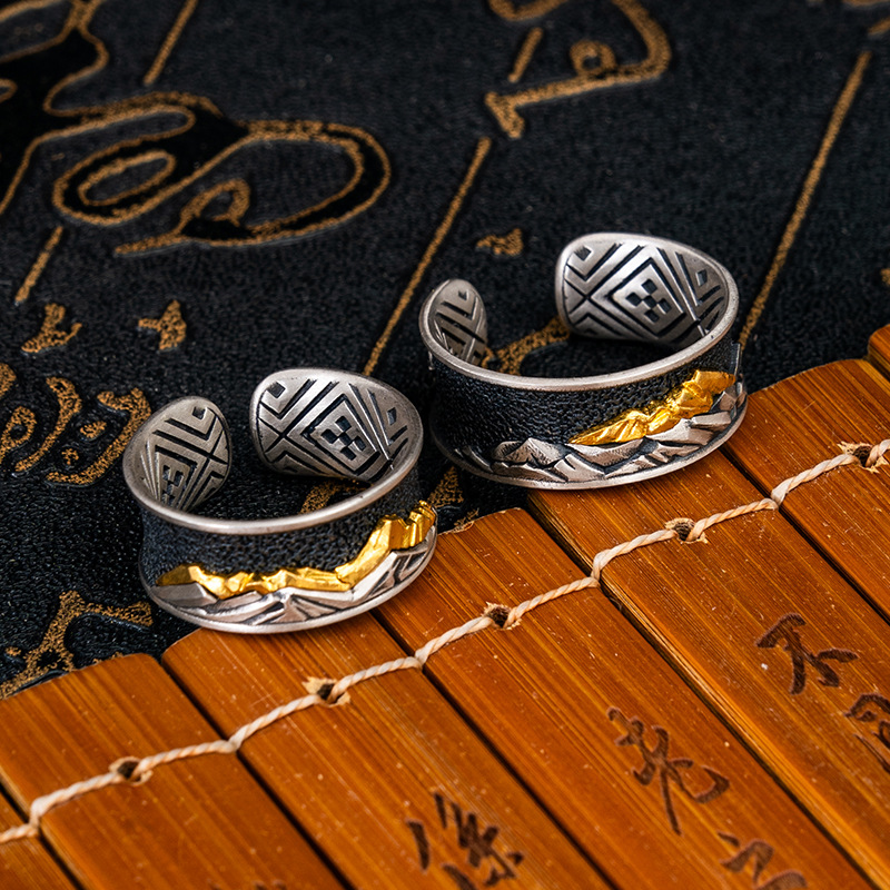 Tibetan Style Pure Silver Gold-Filled Everest Ring