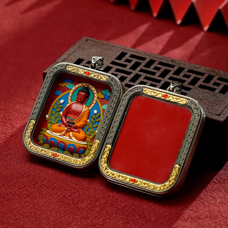 Collection Tibetan Style Cinnabar Hand-painted Thangka White Copper Gawu Box