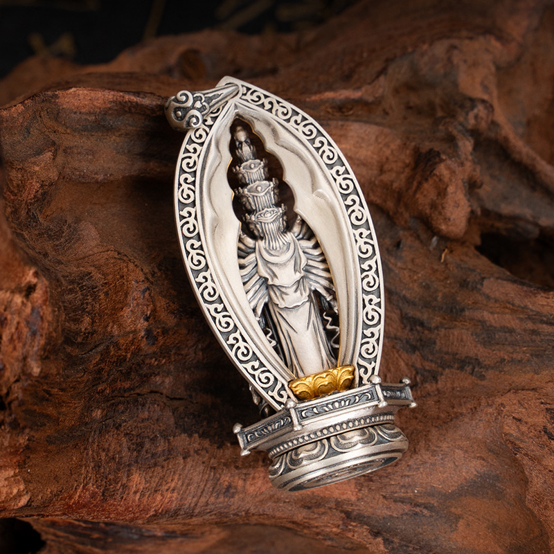 Tibetan Style Pure Silver Gold-Plated Thousand-Hand Guanyin Pendant