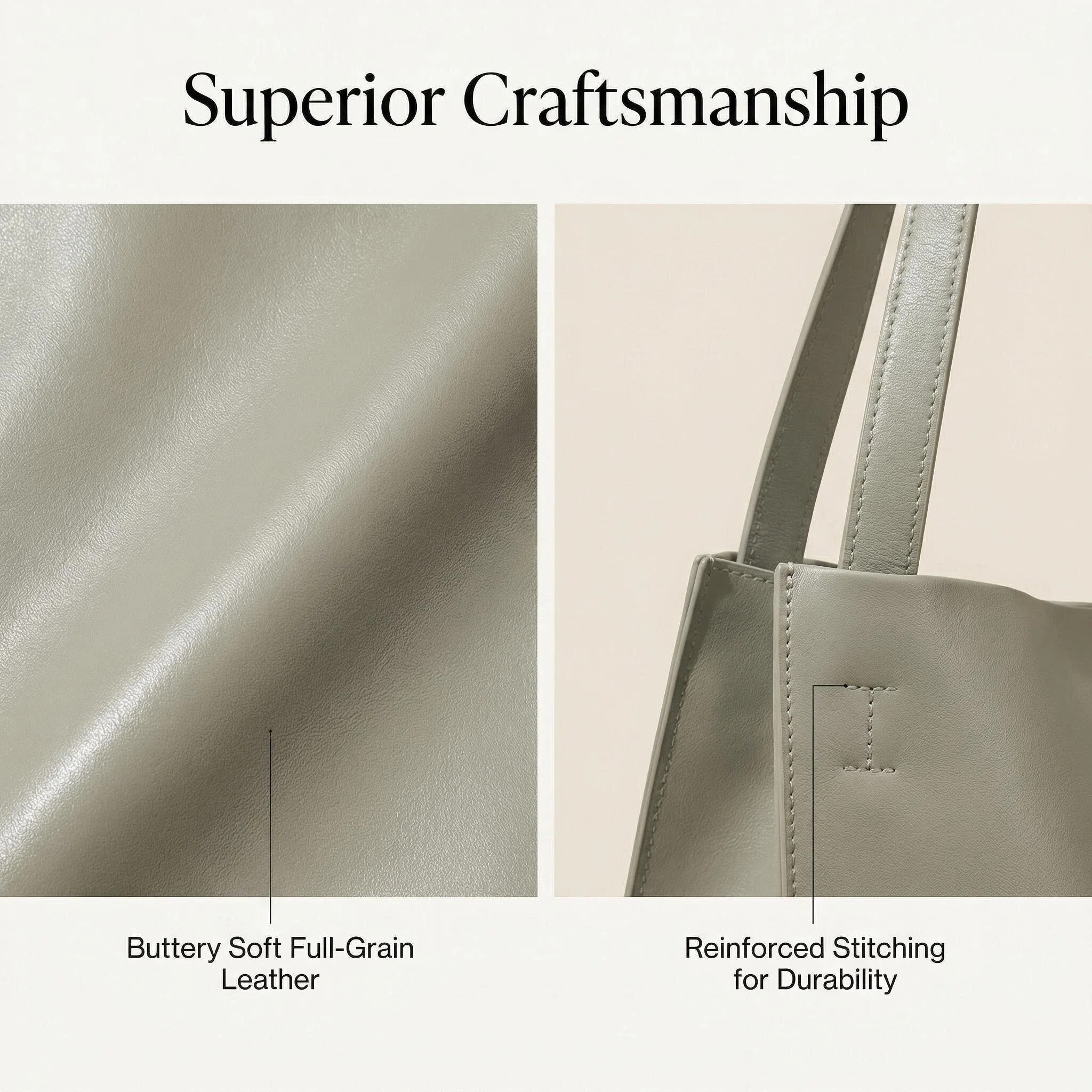premium leather texture minimalist tote bag close-up, smooth and elegant finish