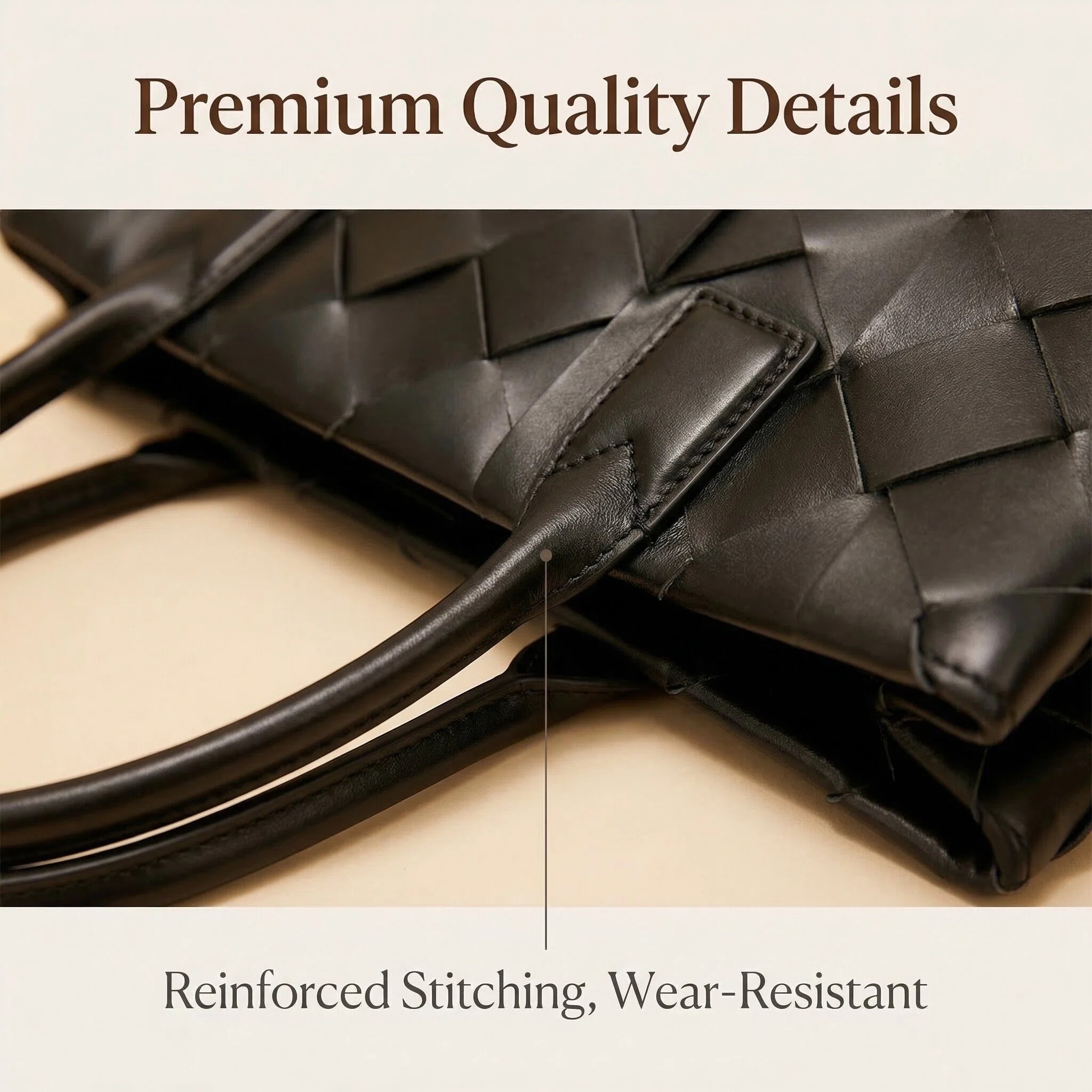 Close-up of woven leather texture on elegant tote bag