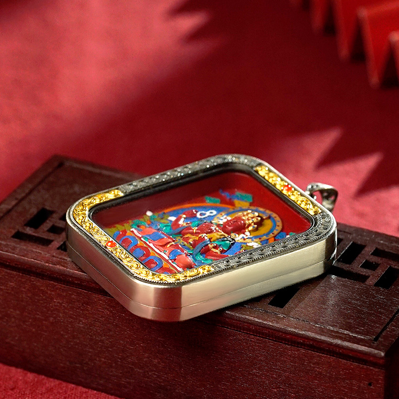 Collection Tibetan Style Cinnabar Hand-painted Thangka White Copper Gawu Box