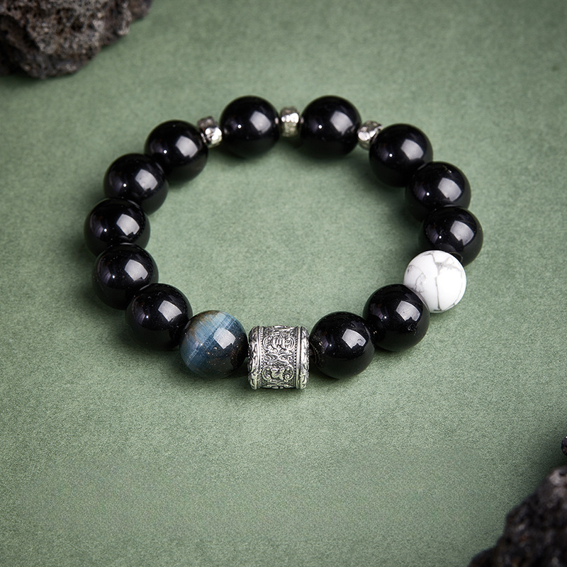 Pure Silver 999 Six-Word Motto Obsidian Bracelet