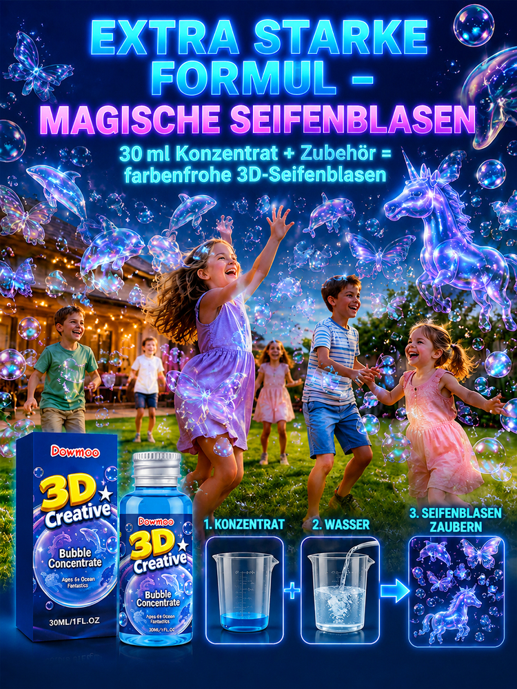 Vergessen Sie winzige Seifenblasen, die sofort platzen. Mit unserer professionellen, hochflexiblen Pflanzen-Makromolekül-Technologie erschaffen Sie gigantische, schwebende Wale oder Hasen in der Luft – ein Spektakel für jedes Alter!