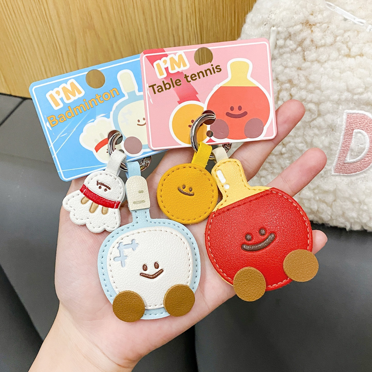 High-End Leather Badminton Table Tennis Car Keychain Cartoon Cute School Bag Pendant Pendant Small Gift 