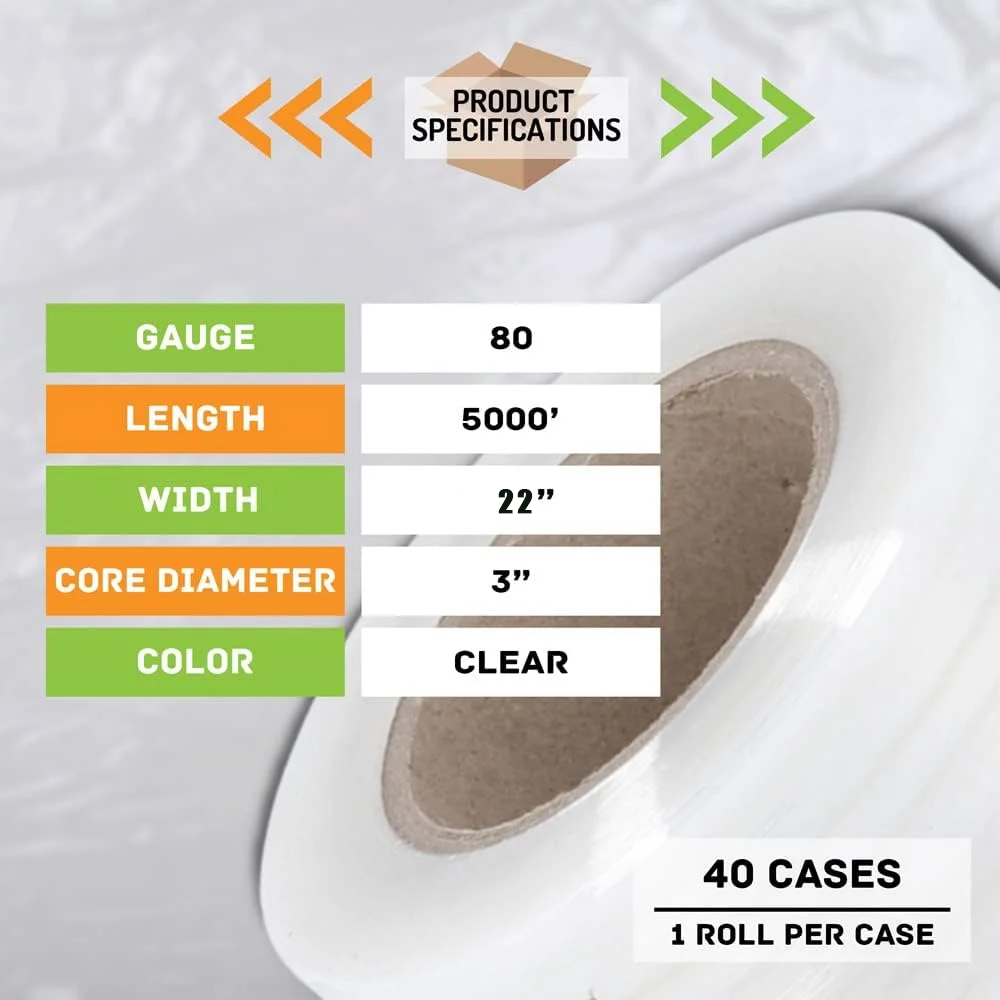 80 GA x 22" x 5000' Mechanical Stretch Film - PSBM Biodegradable Industrial Strength Pallet Wrap (1 Roll/Case)-BESTONE®