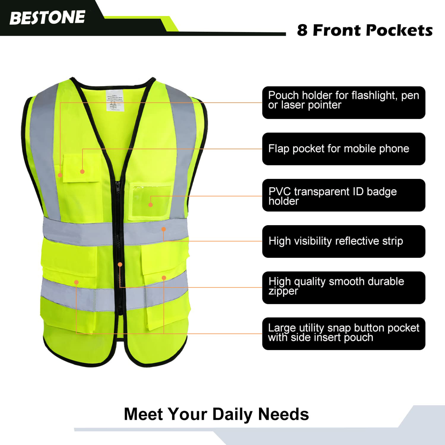 10PCS High-Visibility Class 2 Safety Vest - Unisex, ANSI Compliant, 6 Pockets | Reflective Work Vest-BESTONE®