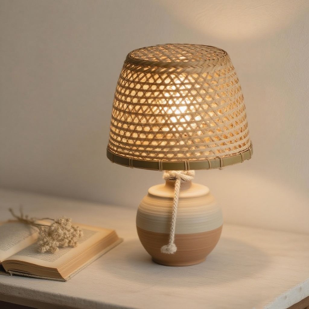 Kézzel készített kerámia fonott asztali lámpa közelről