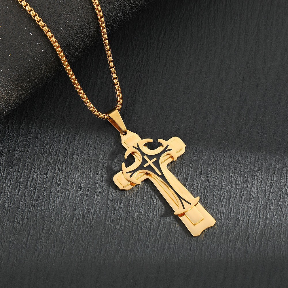 Stainless Steel Chain Men Necklace Black Fleur-de-lis Cross Pendant Cadenas Para