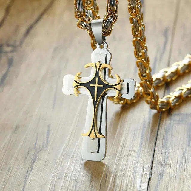 Stainless Steel Chain Men Necklace Black Fleur-de-lis Cross Pendant Cadenas Para