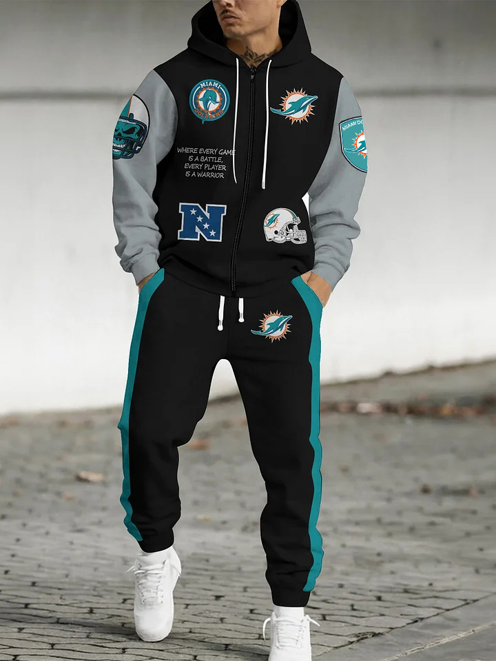 (Fleece-Lined Zip-up Hoodie) Miami Dolphins Zip-up Hoodie & Pants 2 Pieces Set