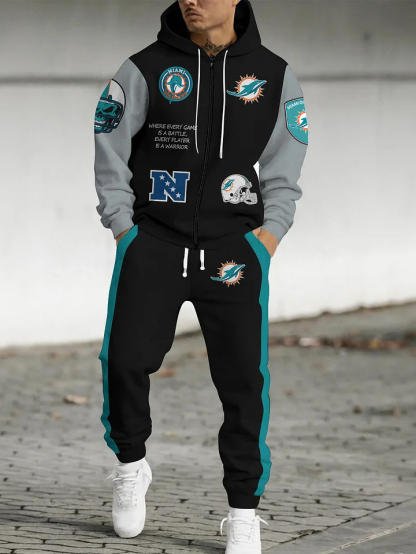 (Fleece-Lined Zip-up Hoodie) Miami Dolphins Zip-up Hoodie & Pants 2 Pieces Set