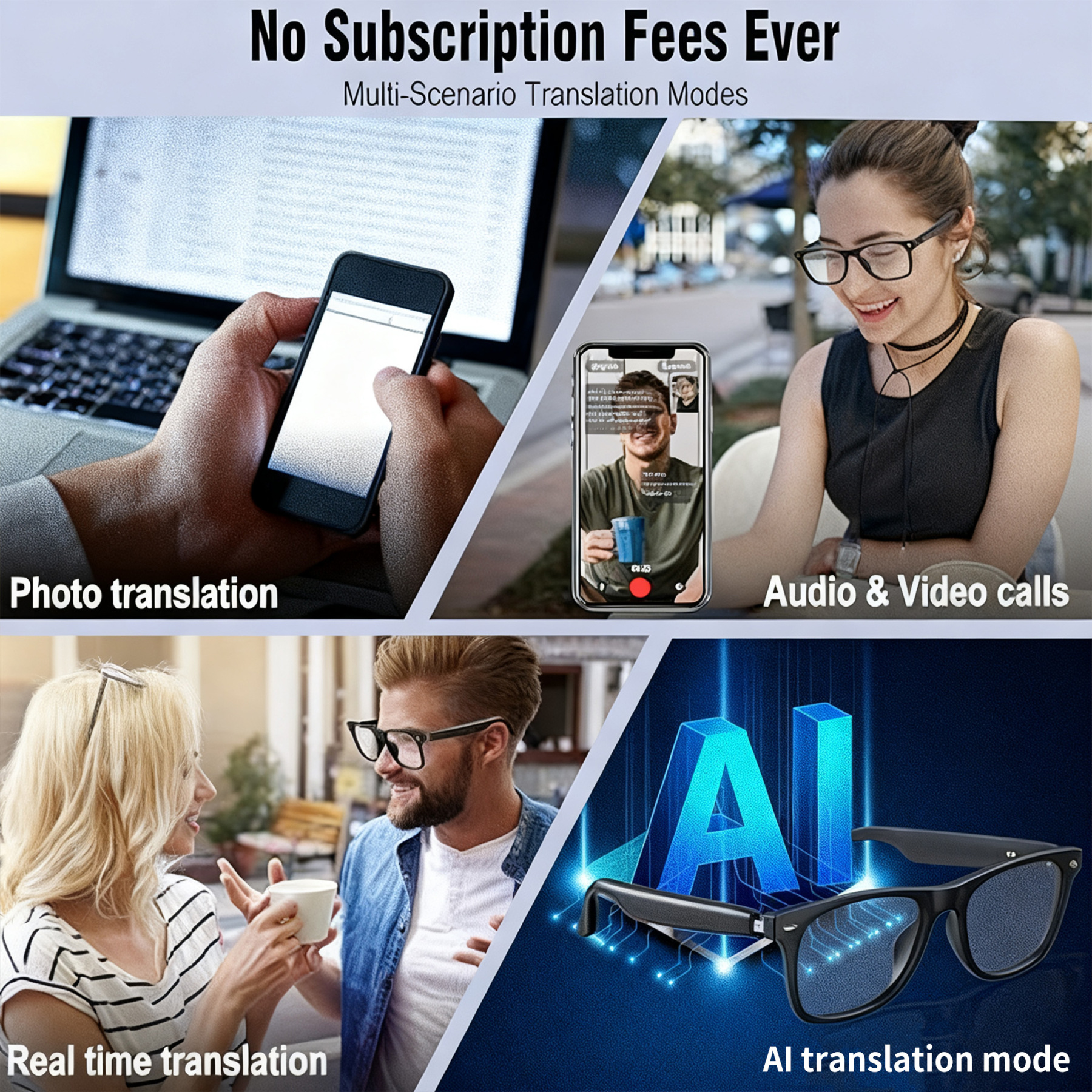 AI Translation Smart Glasses with Chat GPT for Men and Women, Bluetooth Sunglasses with Translator 164 Languages and Color-Change Lens-Dreamlock