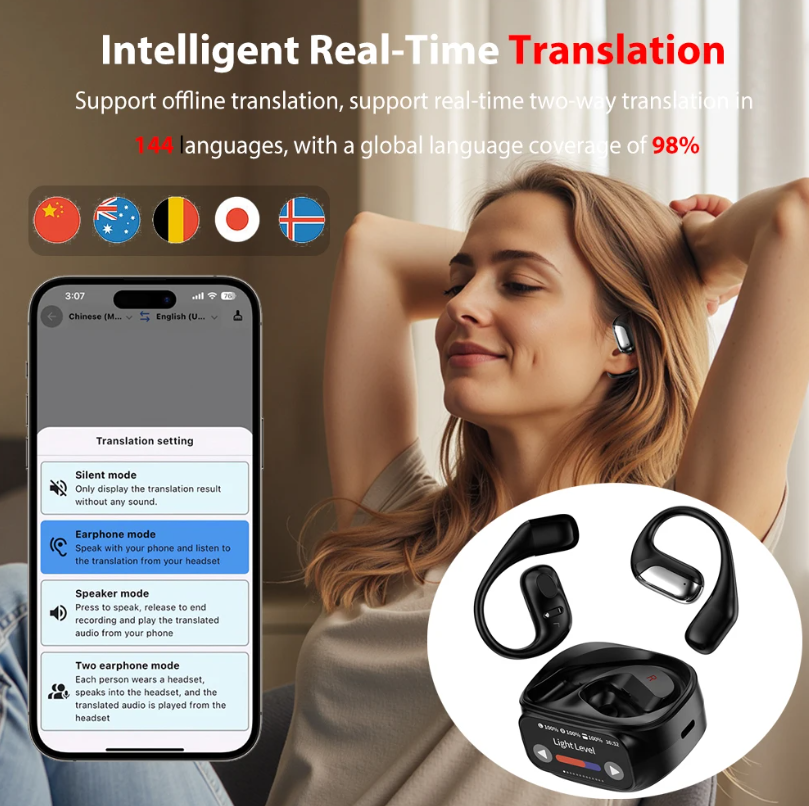 Open Ear Earbuds Headphones with Screen Wireless Bluetooth Realtime Translation-Dreamlock