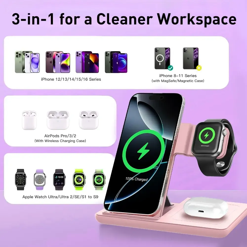 Foldable Wireless Charging Station iPhone 11-17 & Iwatch/AirPods