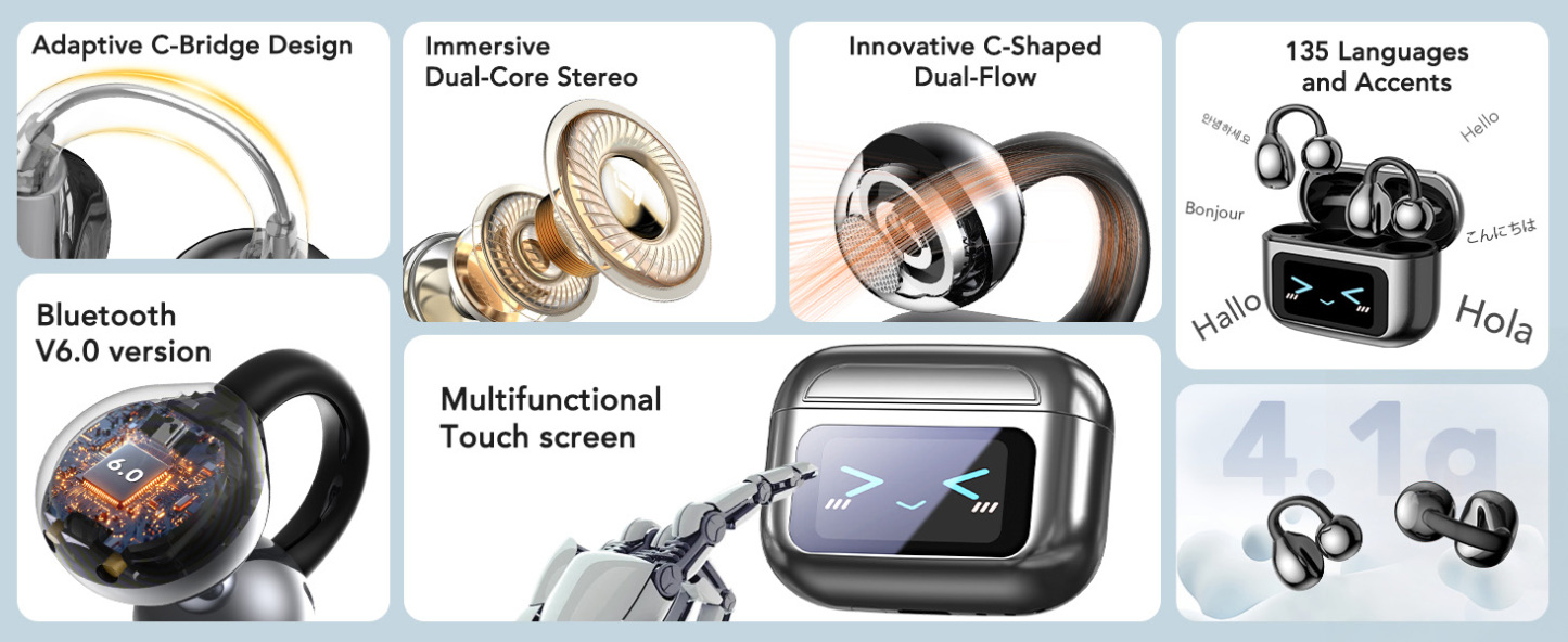 Open Ear Clip On Earbuds Color Screen Open Ear Wireless Realtime Translation-Dreamlock