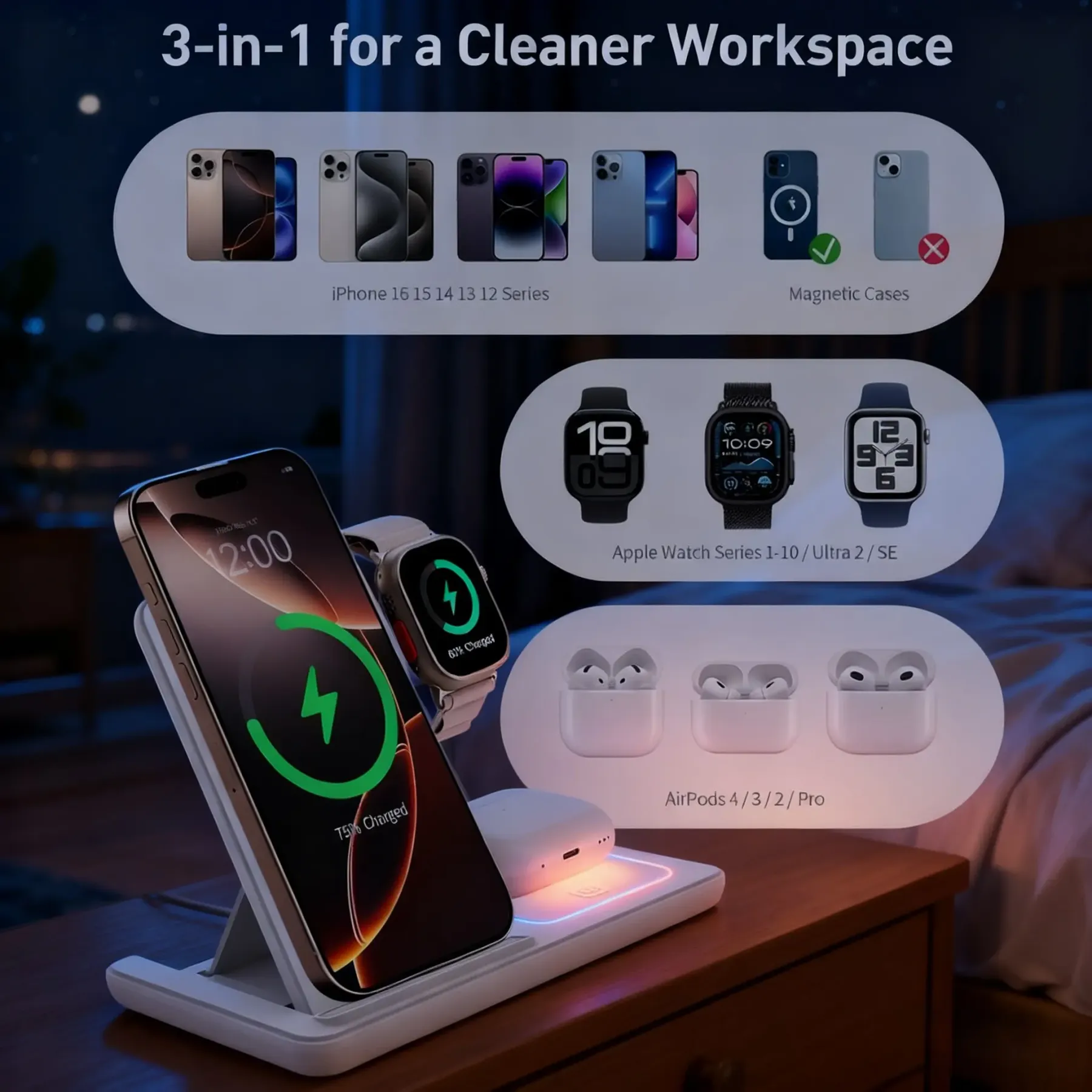 Foldable Wireless Charging Station iPhone 11-17 & Iwatch/AirPods