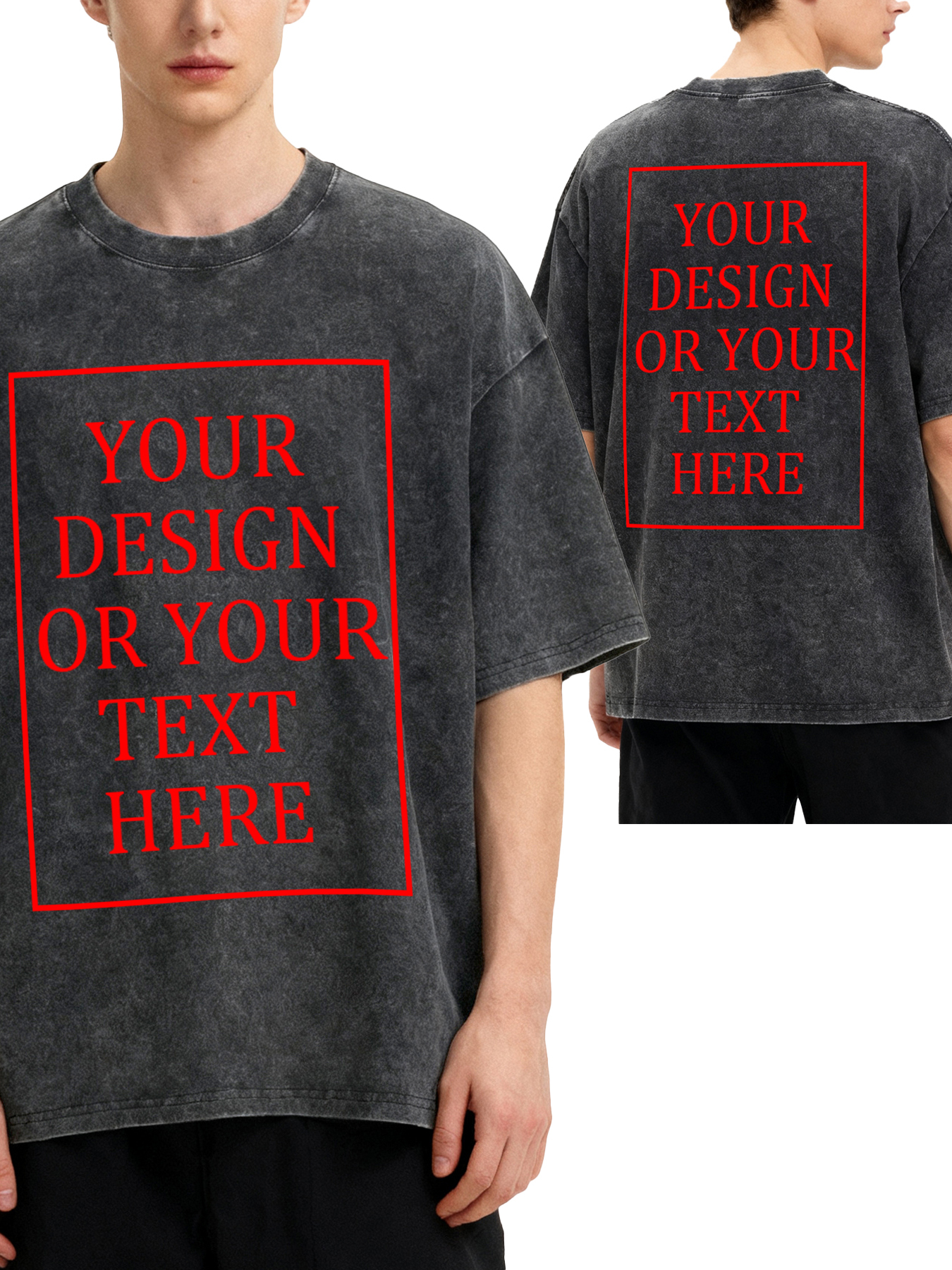 Customizable men's retro washed T-shirt - Double-sided personalized text/photo/logo design, casual and comfortable fit, casual wear, unique item | Street style washed T-shirt | Machine washable, customizable washed T-shirt
