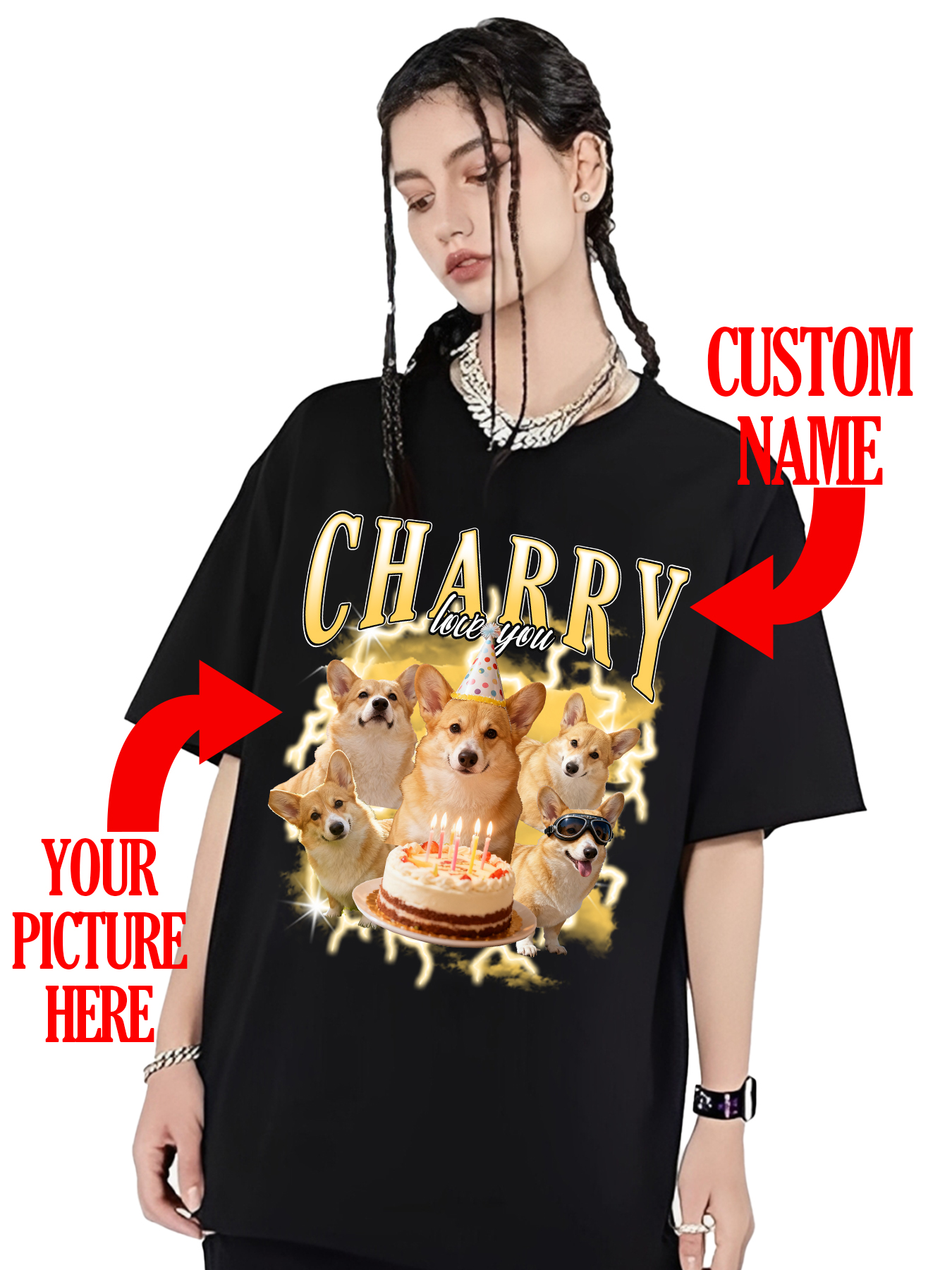 Customized retro-patterned T-shirts, perfect for boyfriends/girlfriends, photo printing available, or as a gift for pet lovers.