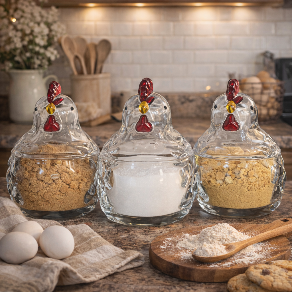 Farmhouse Chicken Glass Canister Set – Cute Kitchen Storage Jars for Countertop Decor