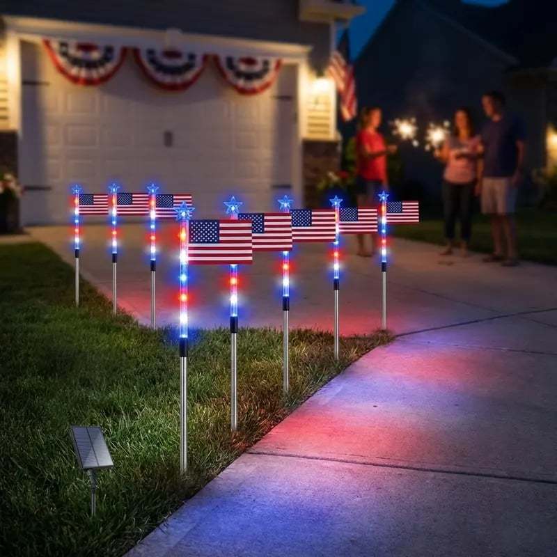 🎆US 8-in-1 Solar American Flag Lights – 8 Modes Patriotic Pathway Decor – IP65 Waterproof Garden Stakes for July 4th & Memorial Day ✨
