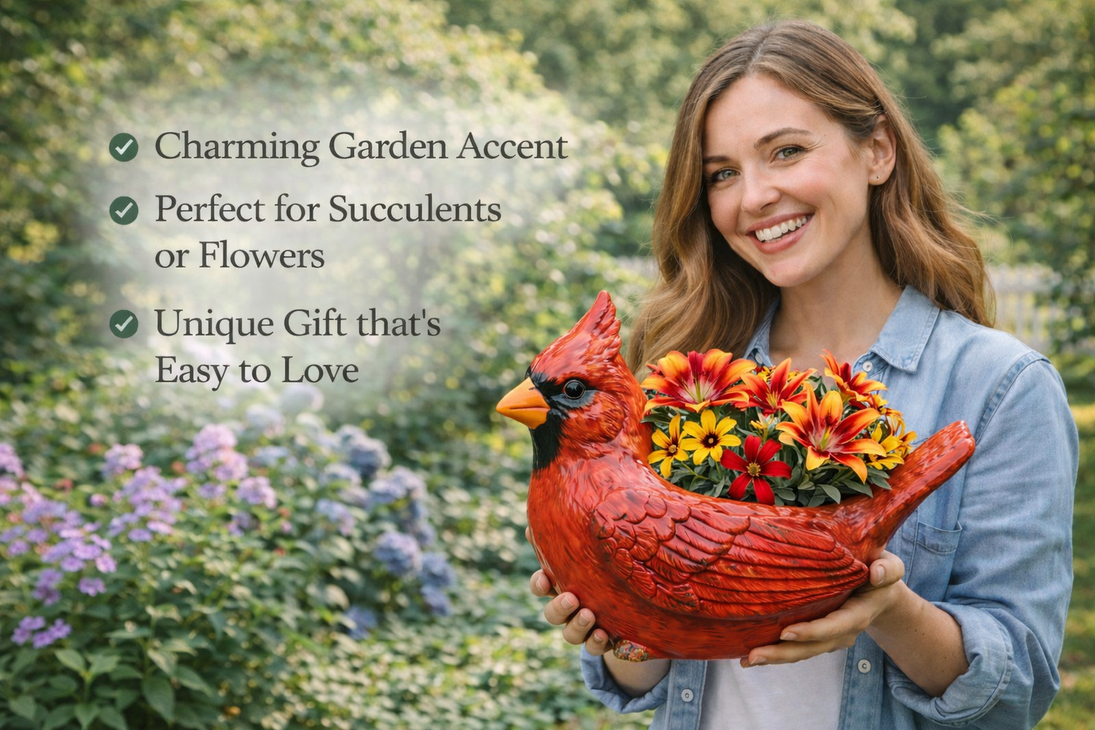 Hand-Painted Cardinal Bird Succulent Planter - Resin Bird Pot for Indoor/Outdoor Decor (Meaningful Garden Gift)