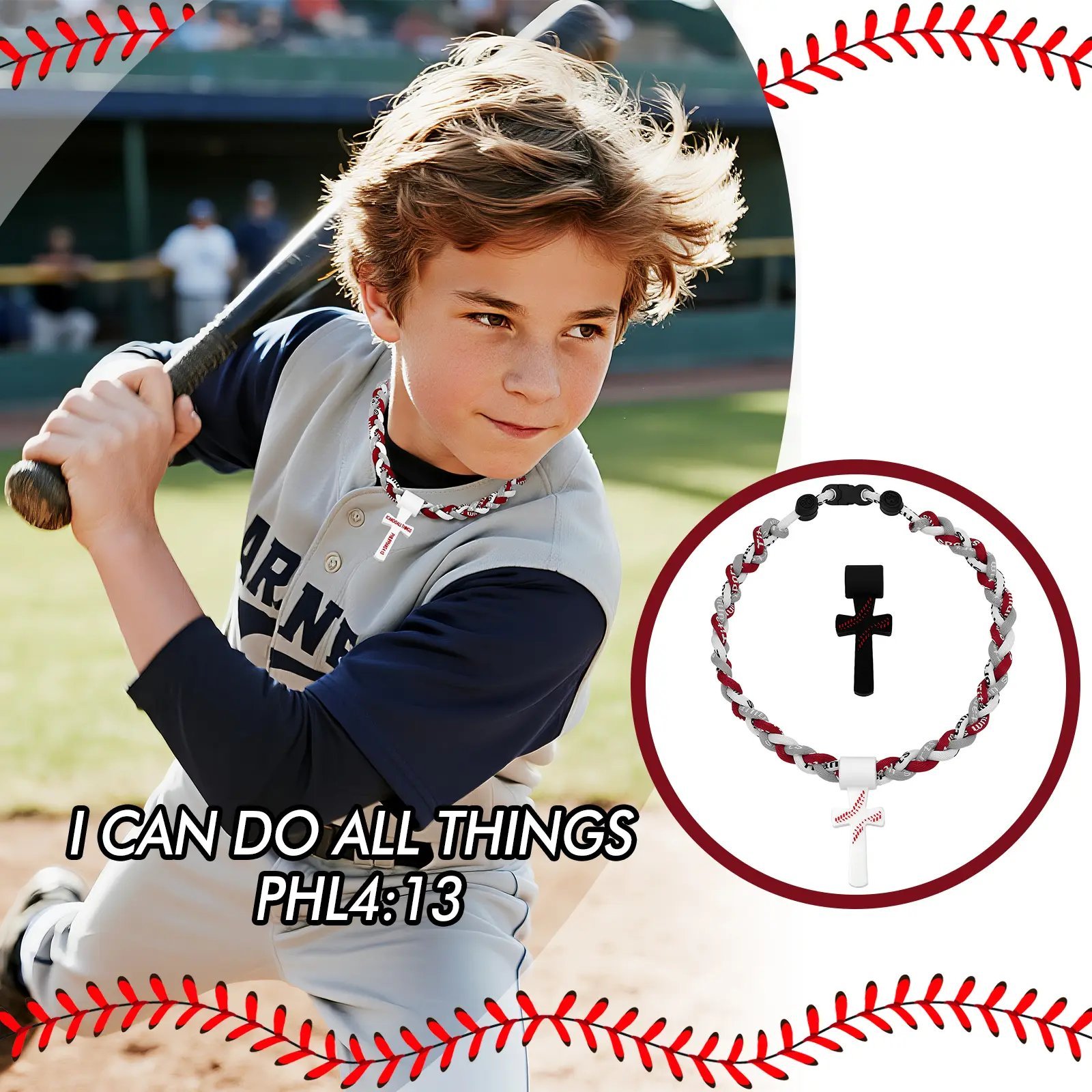 ✝️Triple-Rope Tornado Baseball Necklace – Cross Charm Pendant with "I CAN DO ALL THINGS PHL4:13"⚾