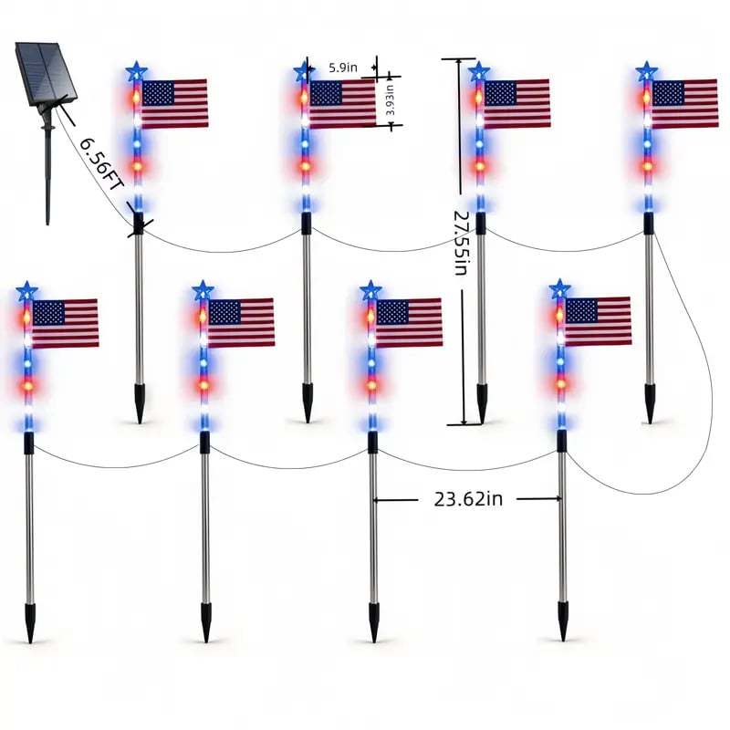 🎆US 8-in-1 Solar American Flag Lights – 8 Modes Patriotic Pathway Decor – IP65 Waterproof Garden Stakes for July 4th & Memorial Day ✨