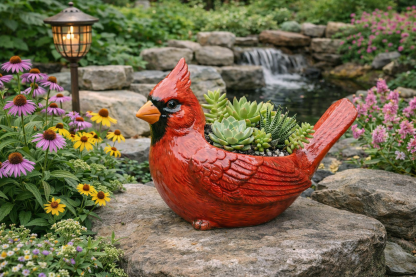 Hand-Painted Cardinal Bird Succulent Planter - Resin Bird Pot for Indoor/Outdoor Decor (Meaningful Garden Gift)