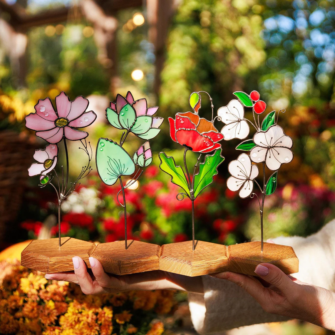 Birth Flower Plant Stake, Stained Glass Flowers Mother Day Gift