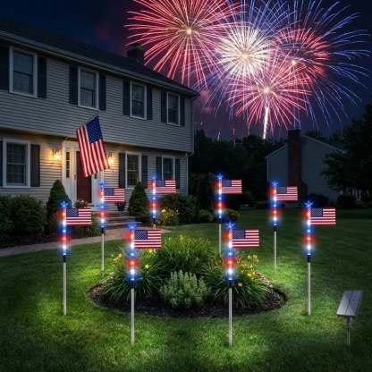 🎆US 8-in-1 Solar American Flag Lights – 8 Modes Patriotic Pathway Decor – IP65 Waterproof Garden Stakes for July 4th & Memorial Day ✨