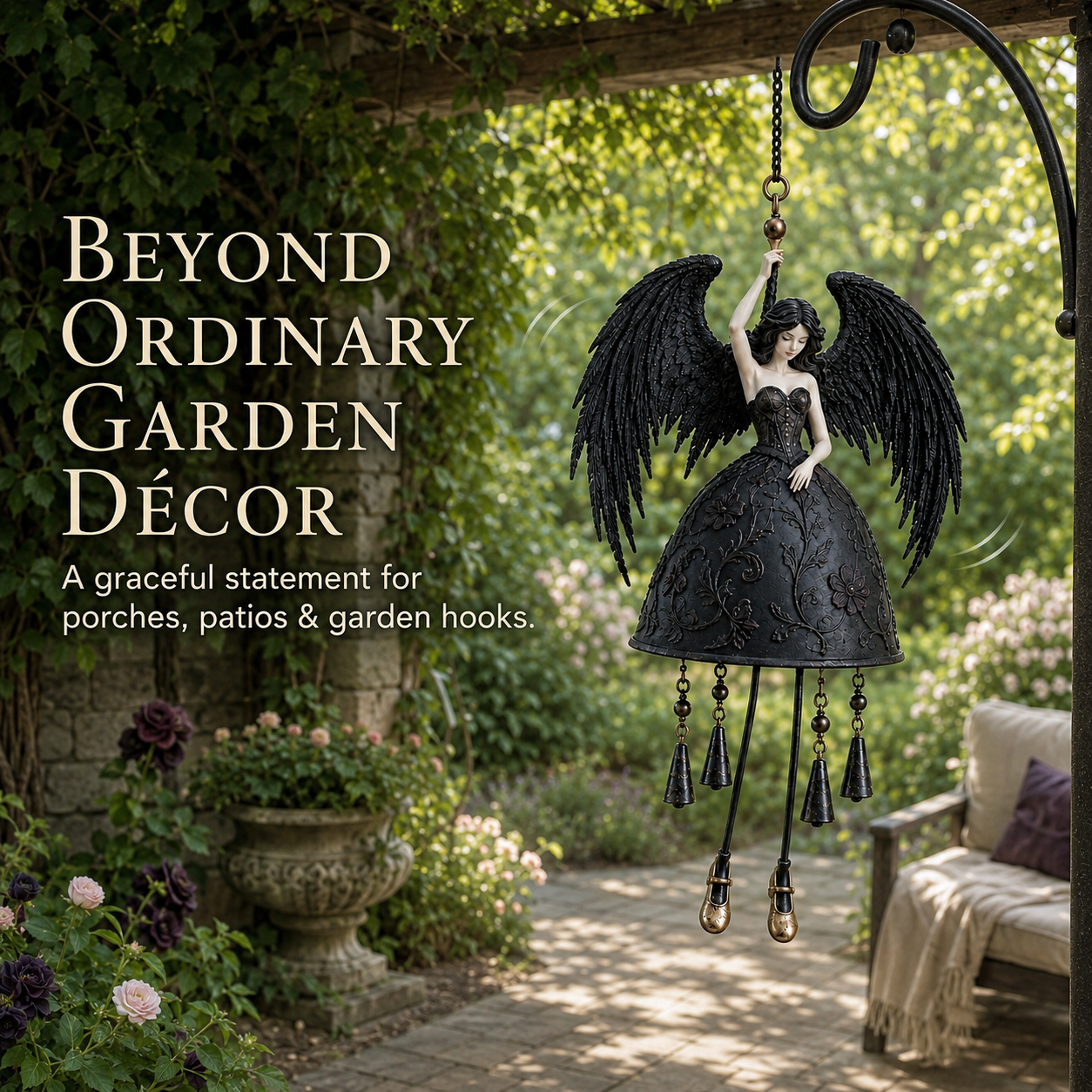 Dark angel wind chime hanging from a garden hook