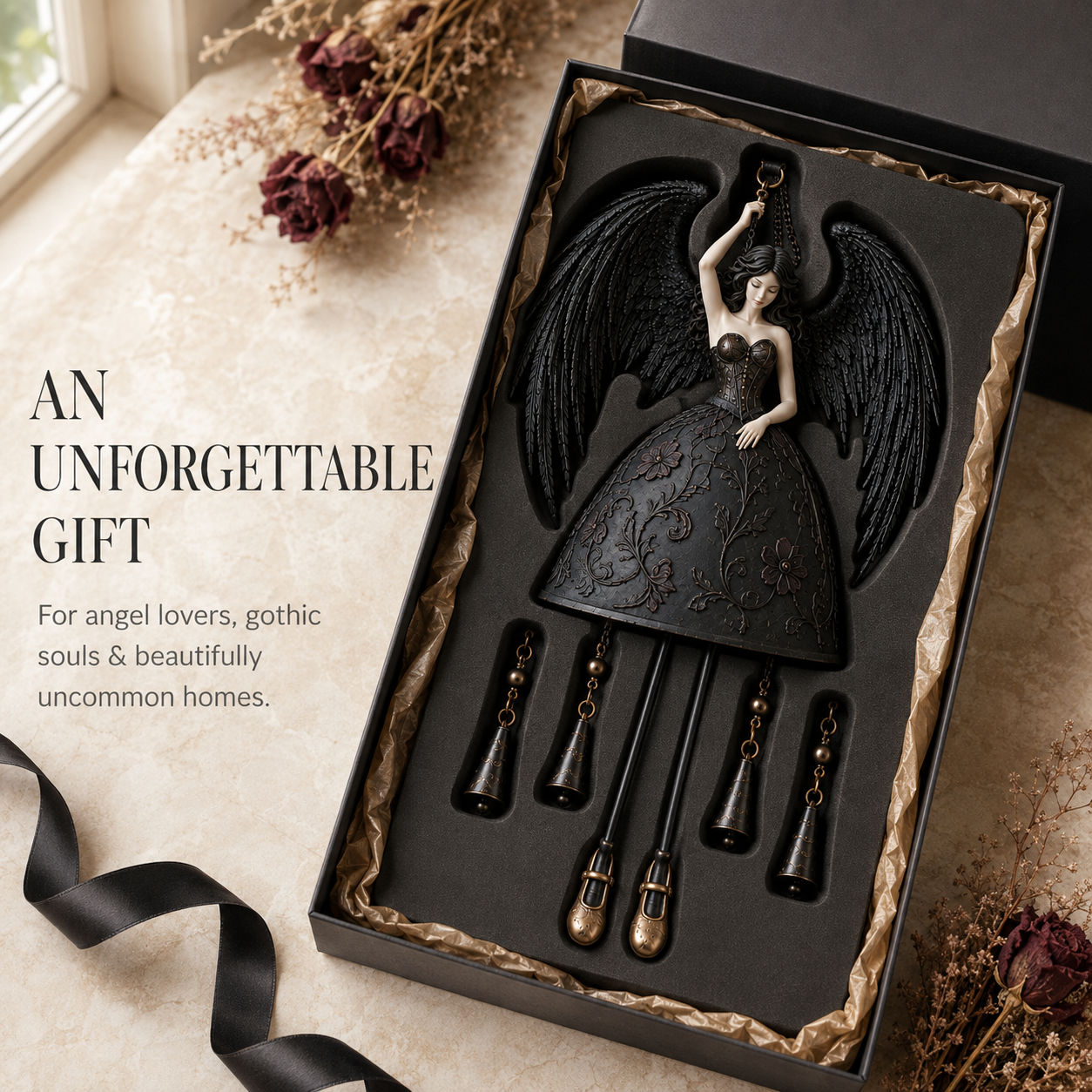 Dark angel gothic wind chime presented as a gift