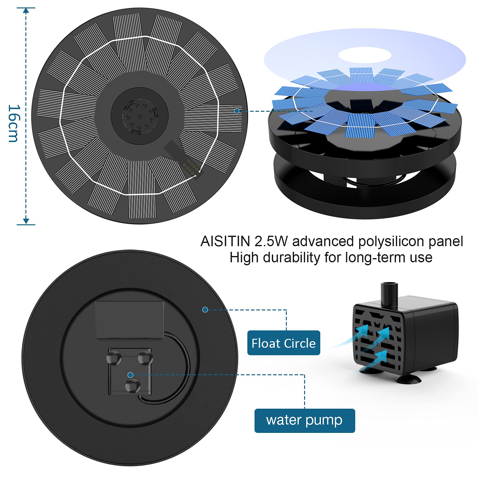 2.5W Solar Fountain Pump with 6 Nozzles - Buy 1 Set