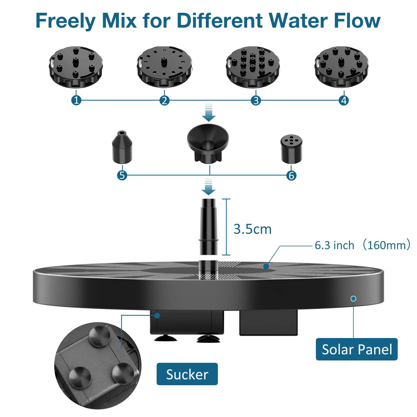 2.5W Solar Fountain Pump with 6 Nozzles - Buy 1 Set