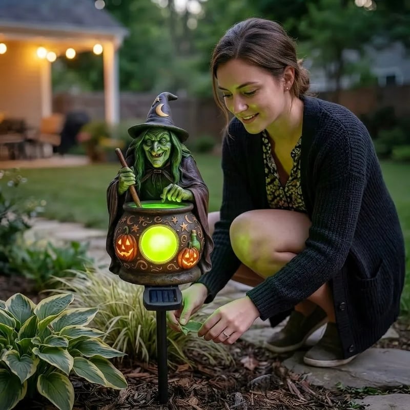 Halloween Solar Witch Cauldron Garden Stake Light