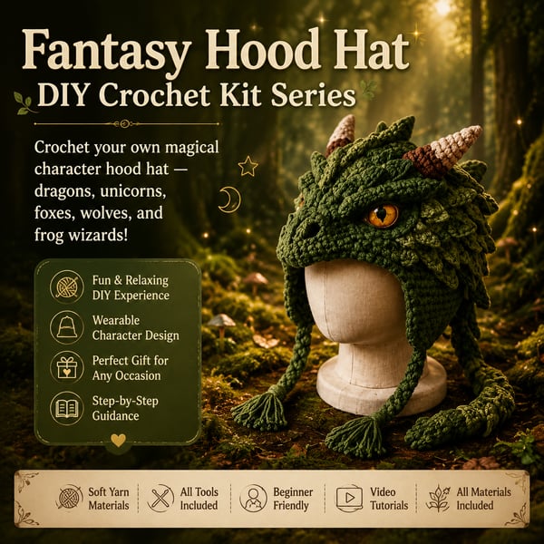🔥LAST DAY 50% OFF - 🧵Fantasy Hood Hat DIY Crochet Kit – Create Your Own Magical Wearable Character Hat🎁Beginner Friendly - 🐉Dragon / Approx. 18–22 in (45–55 cm) Hood Height