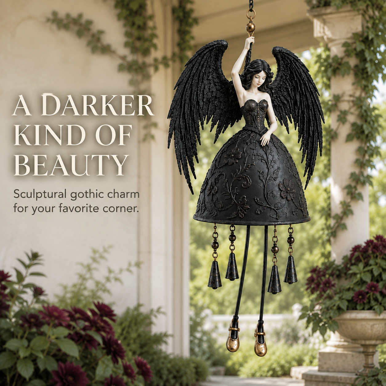 Dark Angel Gothic Wind Chime hanging in a garden setting