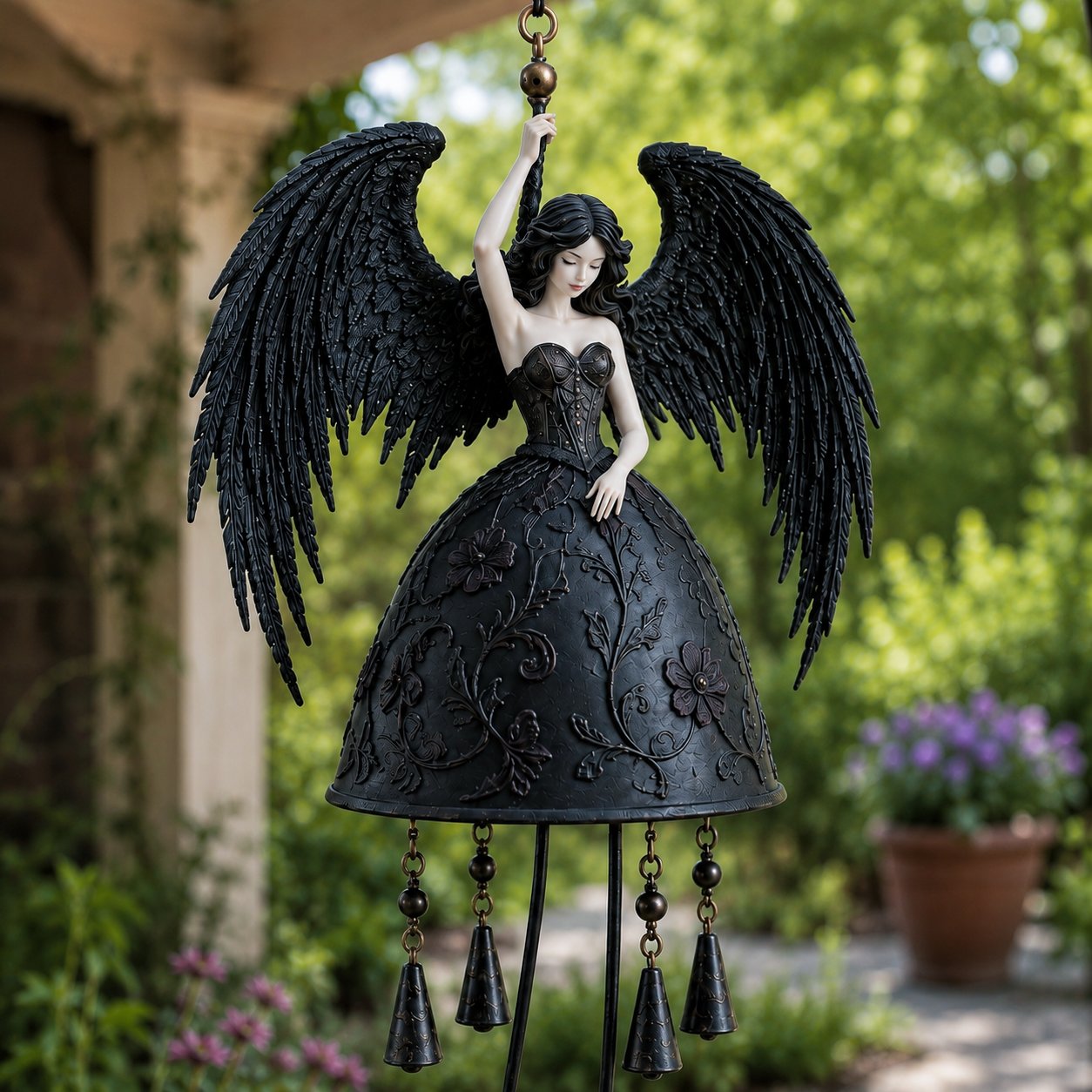 Close-up details of dark angel gothic wind chime