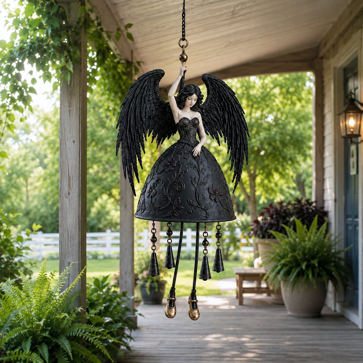 Dark angel gothic wind chime on a covered porch
