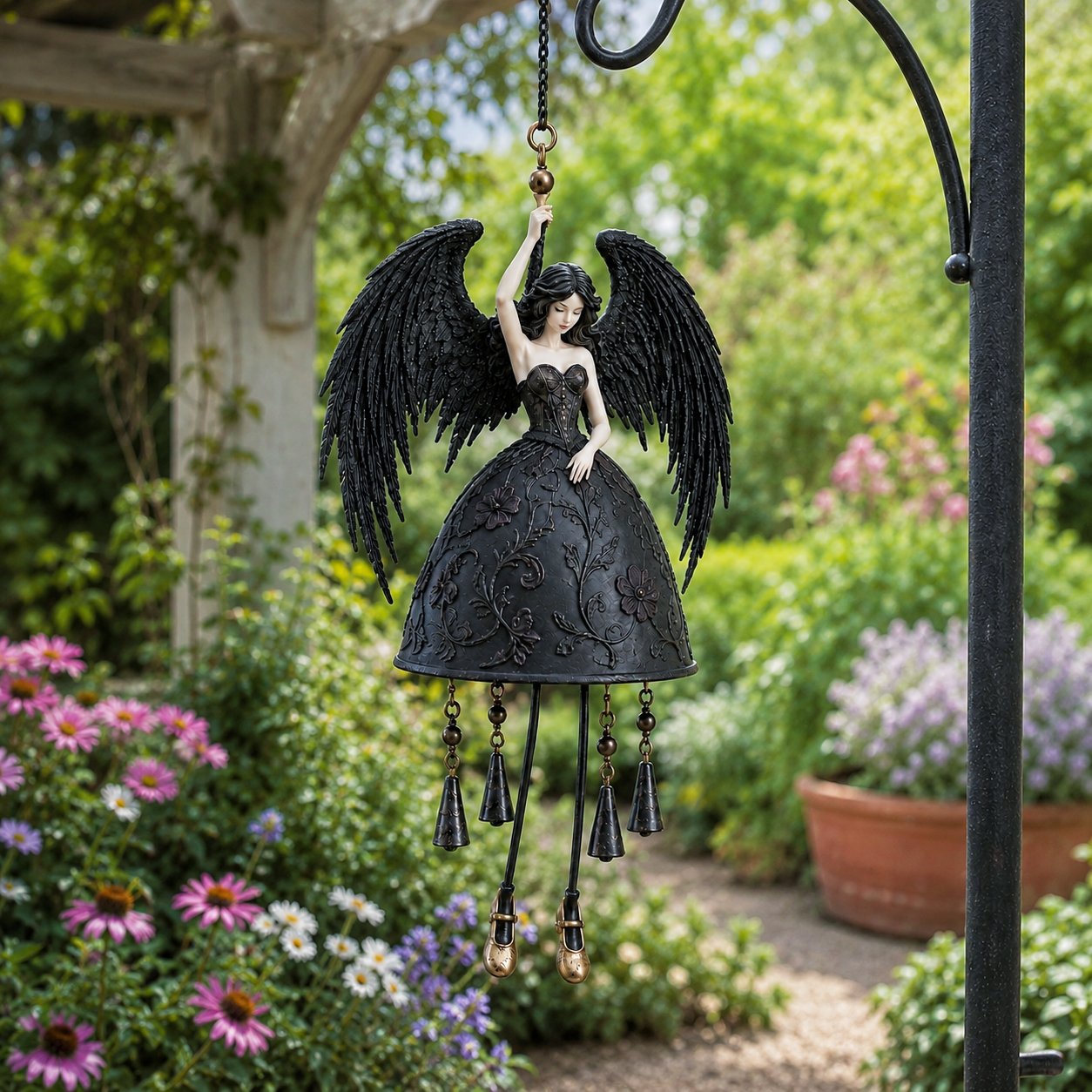 Dark angel wind chime among flowers and greenery