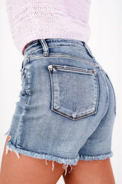 Tummy Control Adjustable Button Distressed Shorts