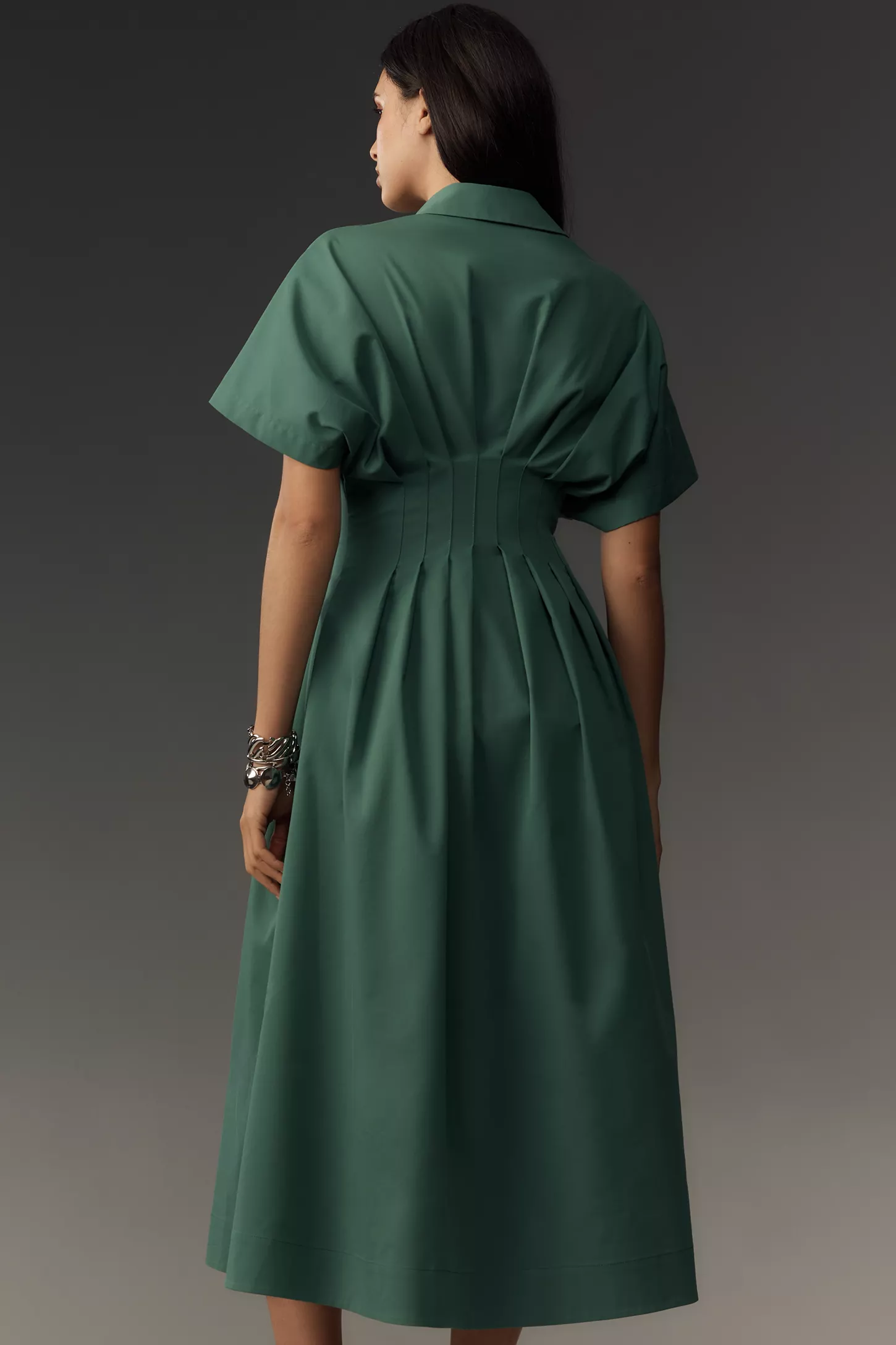 Button-Front Pleated Midi Shirt Dress (Buy 2 Free Shipping)