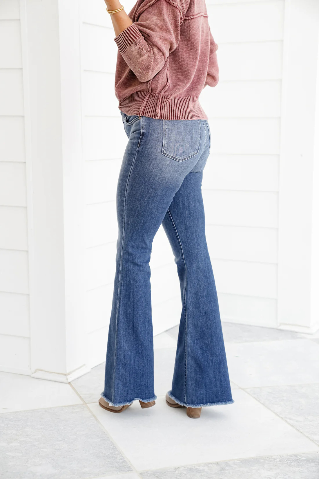 Tummy Control Mid Rise Flare Jeans with Frayed Hem (Buy 2 Free Shipping)