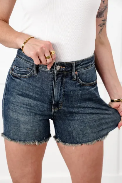 Tummy Control Frayed Hem & Shield Back Pocket Shorts (Buy 2 Free Shipping)