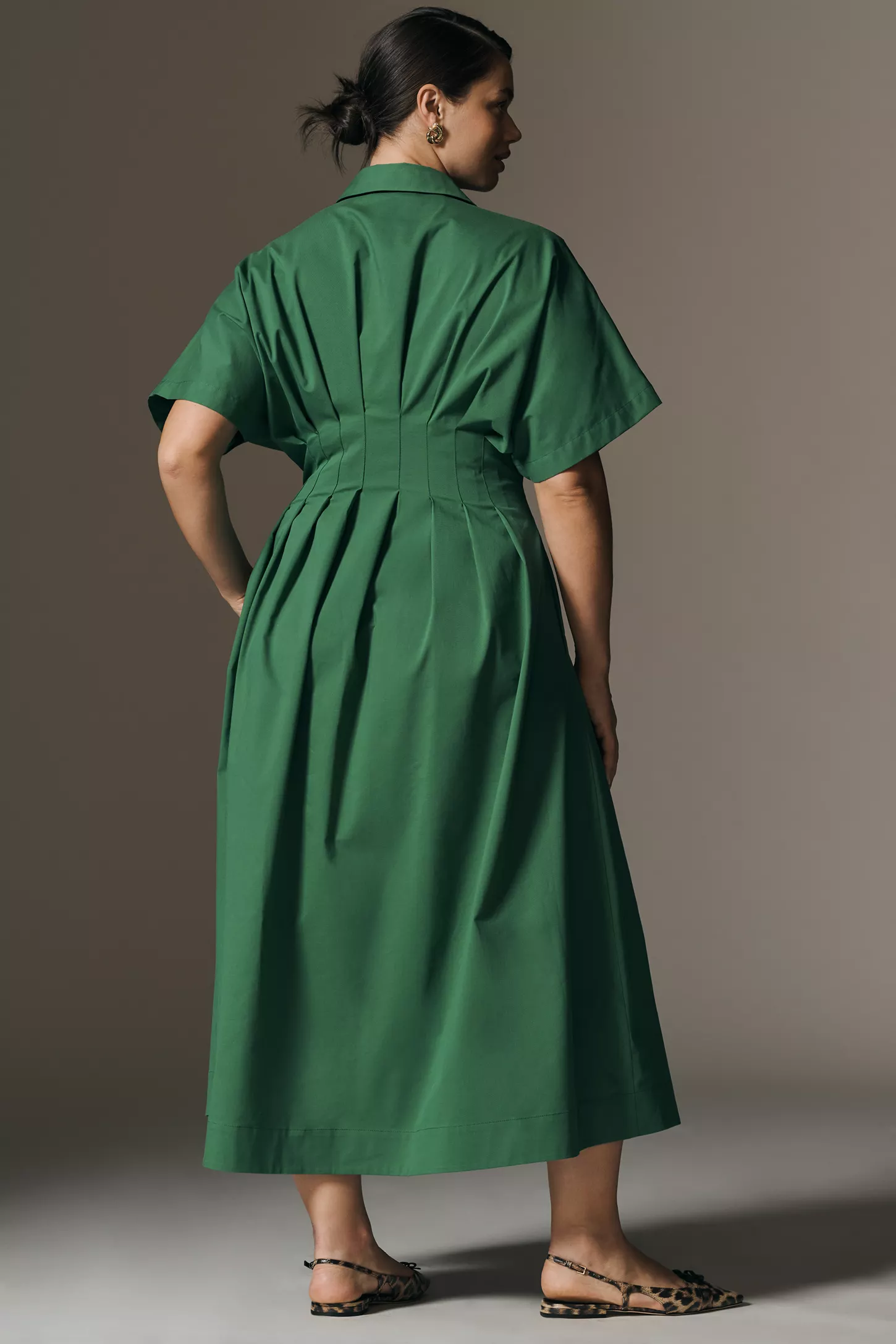 Button-Front Pleated Midi Shirt Dress (Buy 2 Free Shipping)