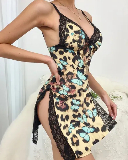 Lace Trim Slit Adjustable Strap Cotton Nightdress (Buy 3 Free Shipping)