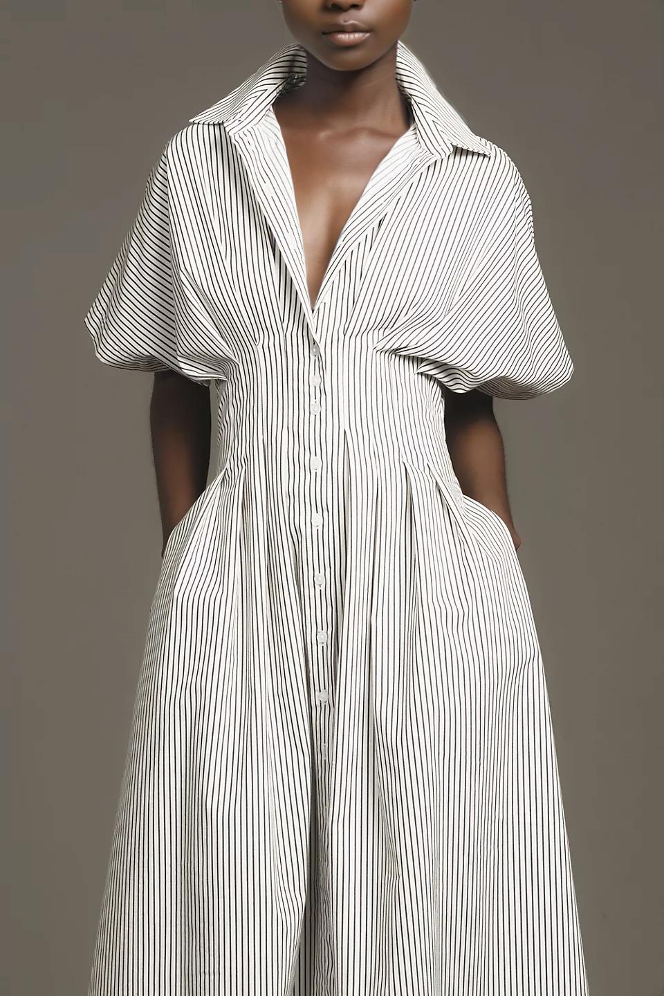 Button-Front Pleated Midi Shirt Dress (Buy 2 Free Shipping)