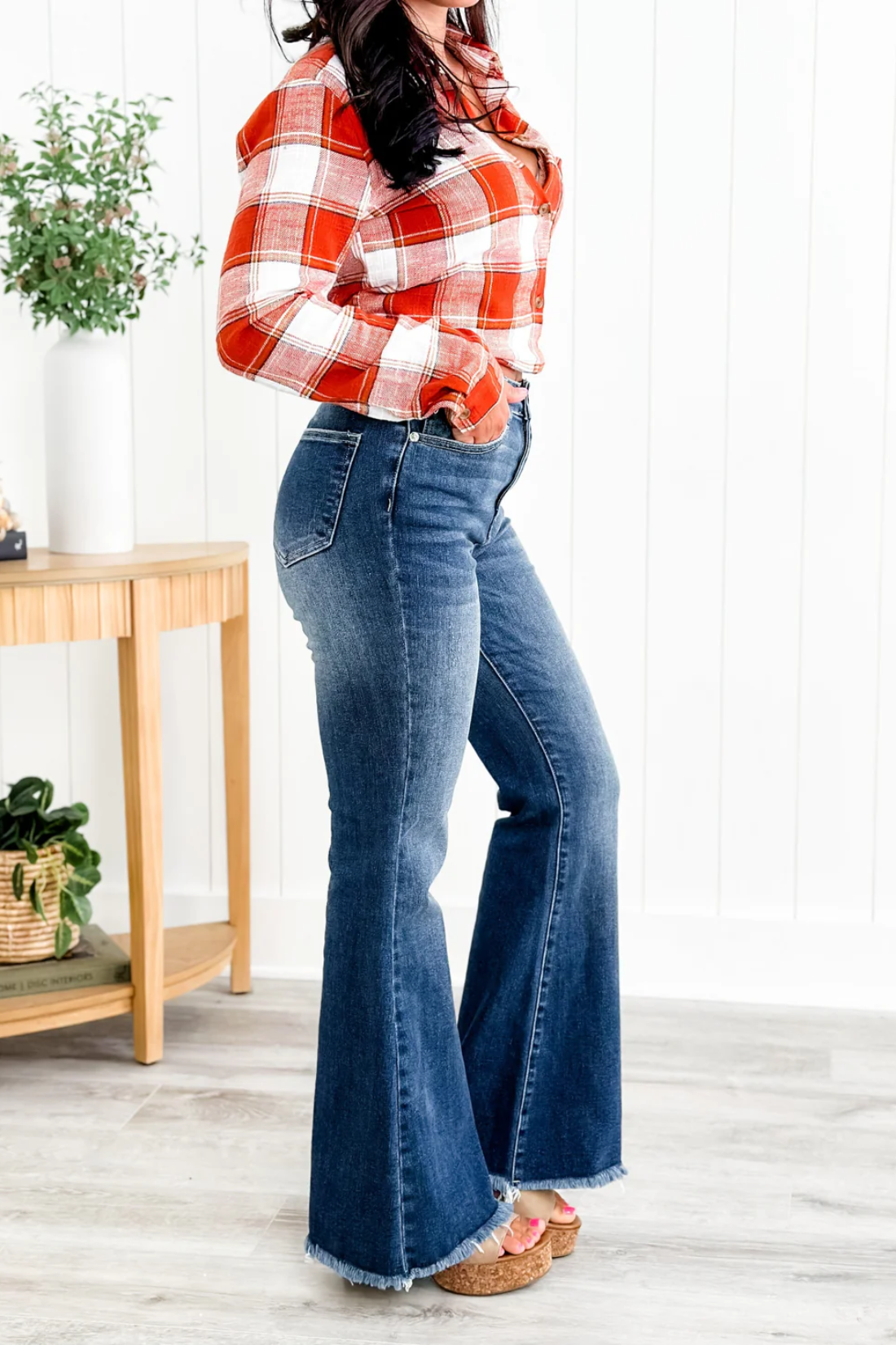 Tummy Control Mid Rise Flare Jeans with Frayed Hem (Buy 2 Free Shipping)